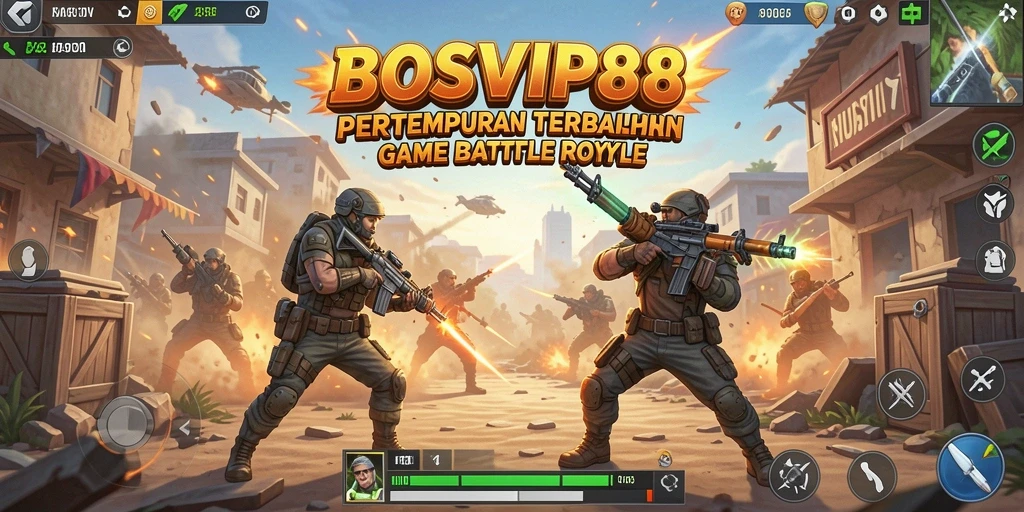 Screenshot utama BOSVIP88 menampilkan aksi seru dalam game Battle Royale.