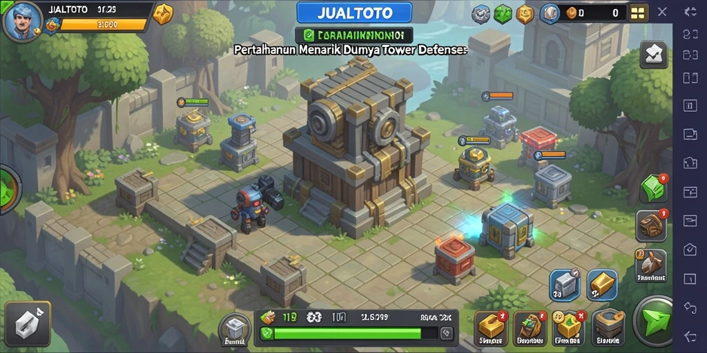 Screenshot utama JUALTOTO menampilkan aksinya dalam pertempuran Tower Defense.