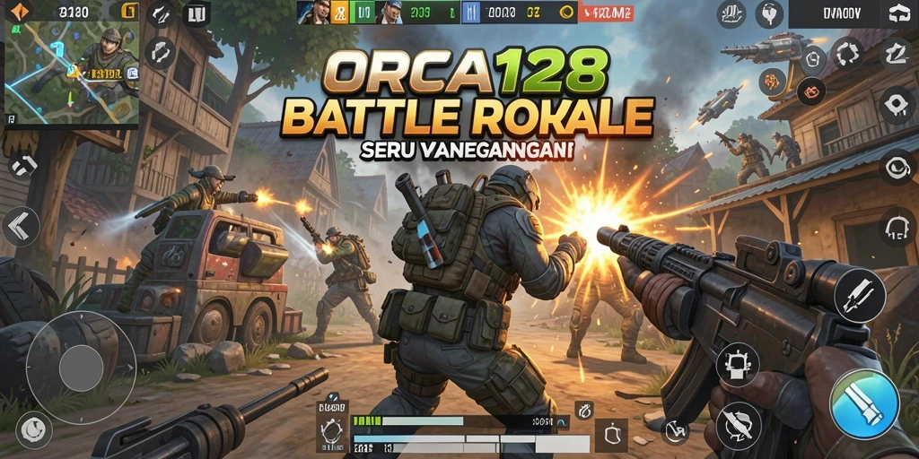 Tampilan gameplay ORCA128 yang penuh aksi dalam pertarungan Battle Royale.